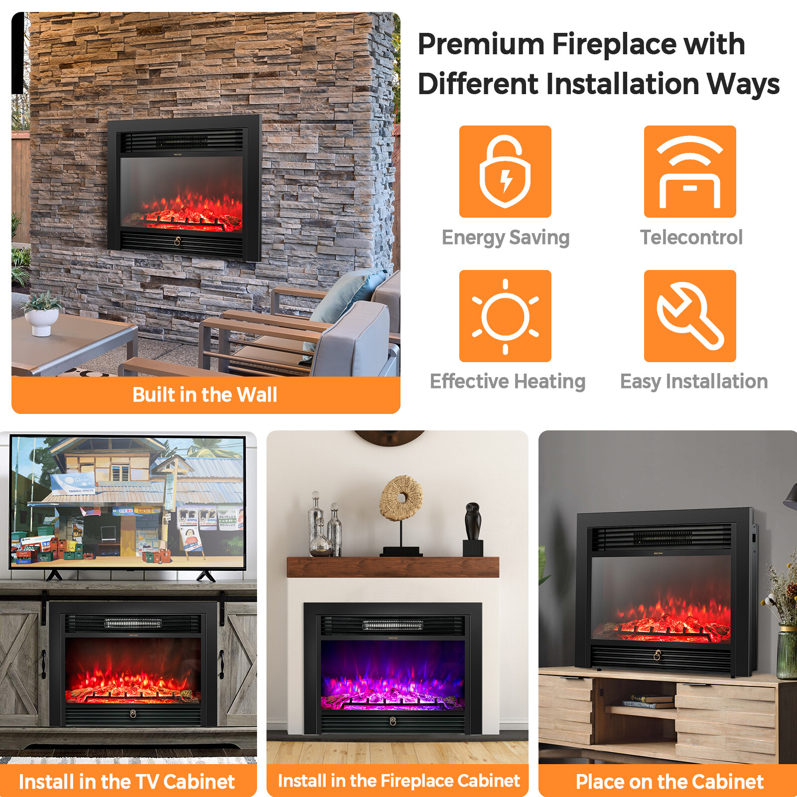 28.5" Fireplace Electric Embedded Insert Heater Glass Log Flame Remote