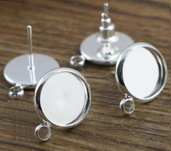 10 pcs. Silver Plated Earring Posts Studs Settings Bezels Cabochons Tacks 10mm