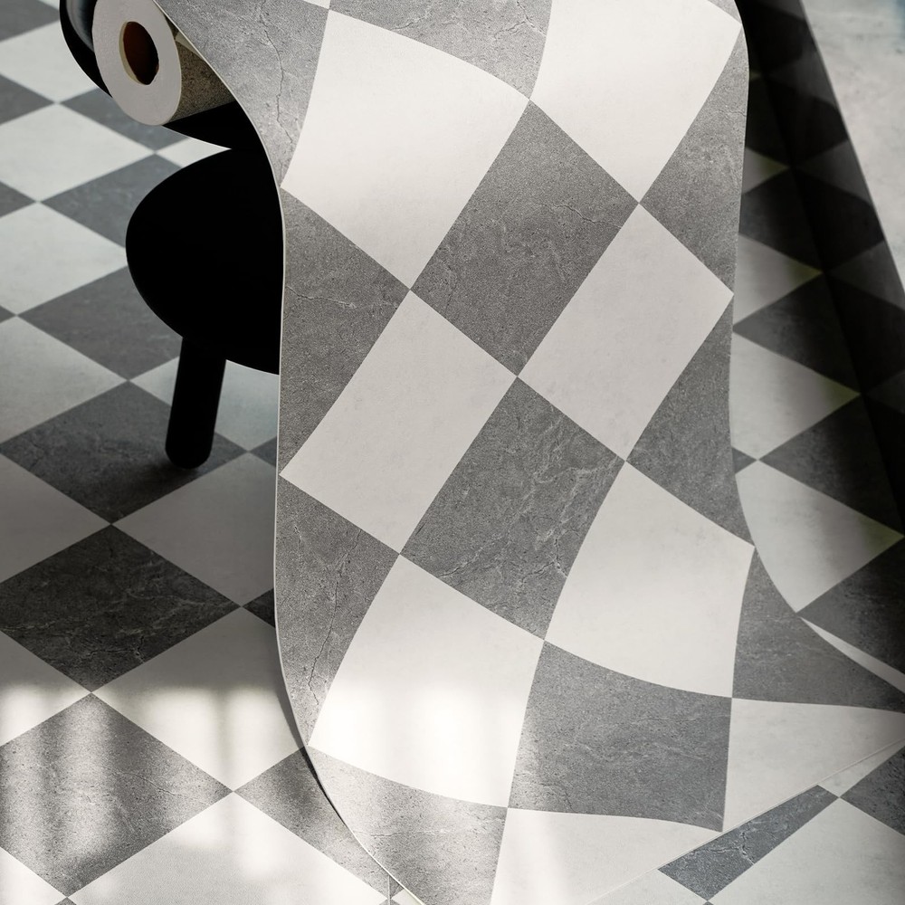 Peel and Stick Floor Tile, Grey Checkered Pattern Continuous Vinyl Roll Floor...