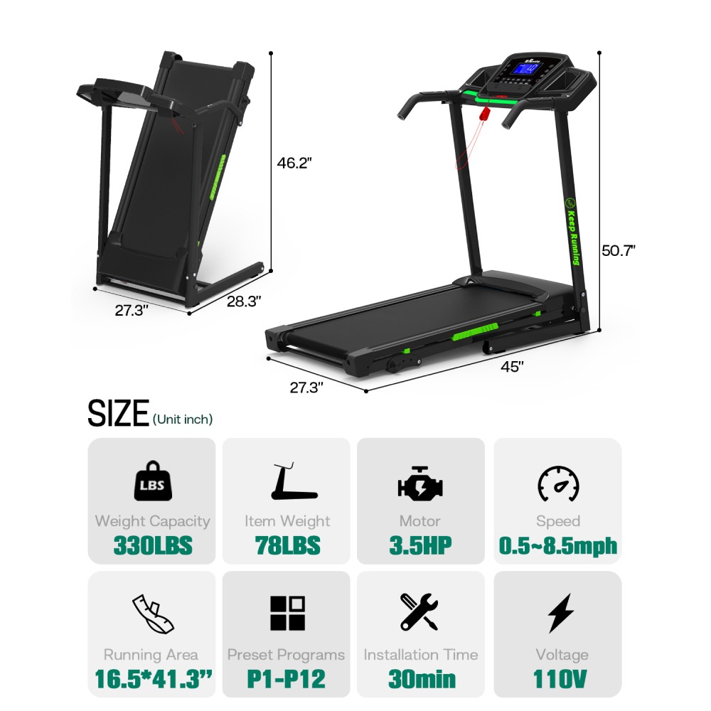 Folding Treadmill with Incline, 12 Programs, 3.5HP Motor, 330LBS Capacity