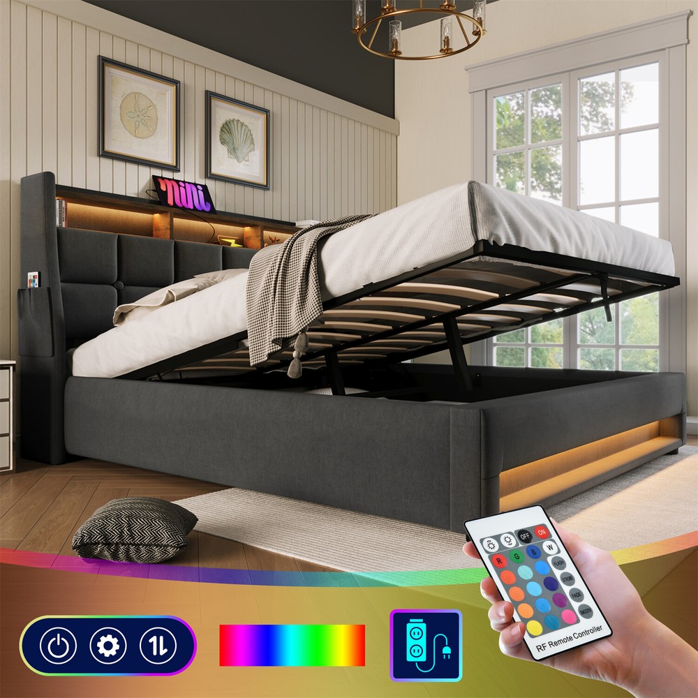 Full Size LED Bed Frame Upholstered Platform Bed with Hydraulic Storage System