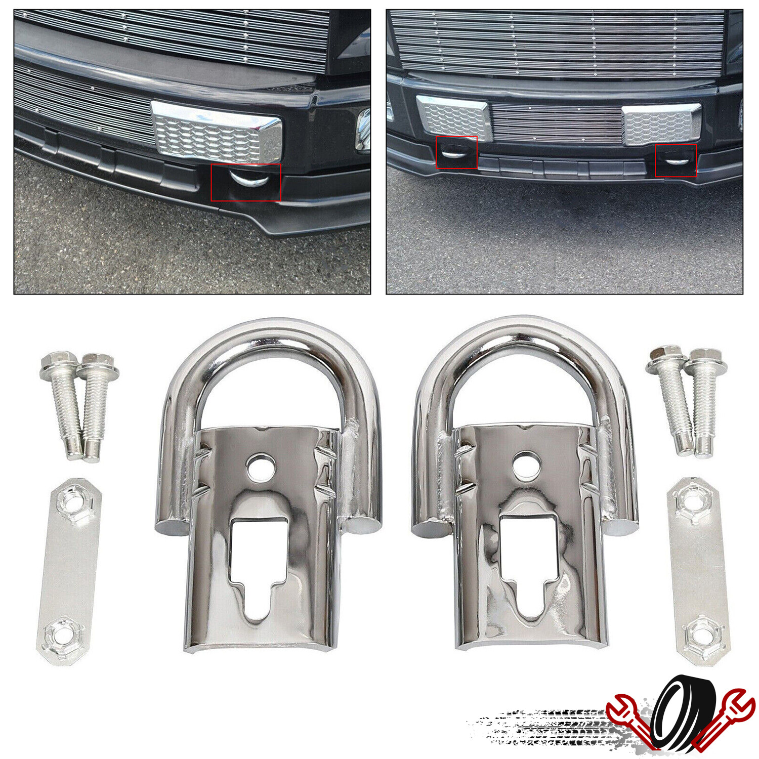 Fit For 2004-2024 2008 2009 Ford F150 F-150 Chrome Tow Hooks w/ Hardware - Pair