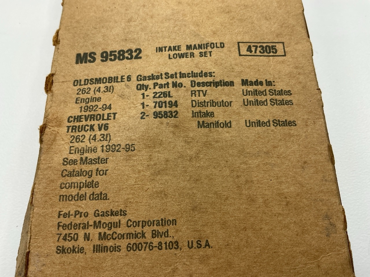 FEL-PRO Lower Intake Manifold + Plenum Gasket Set - 1992-1995 Chevy GMC 4.3L V6