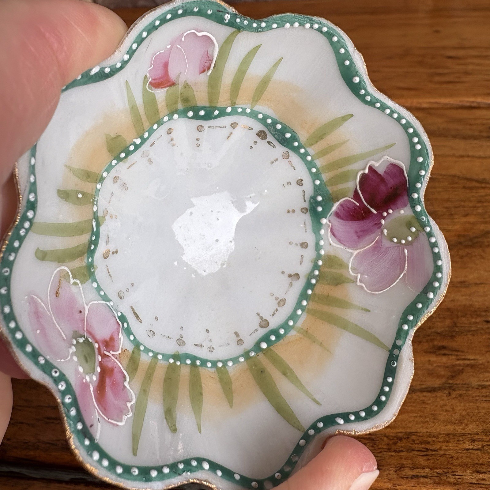 Antique Set Of 3 Handpainted Porcelain Salt Cellars Nut Bowls Footed Japan