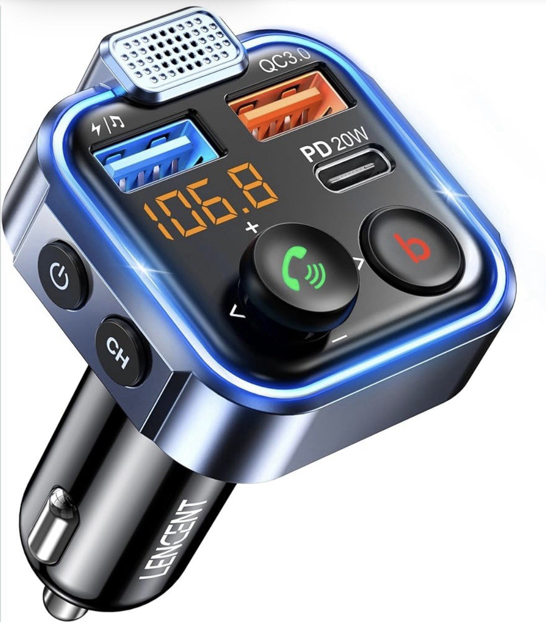 LENCENT Bluetooth FM Transmitter Car Adapter USB-C USB-A 20W Hands-Free Calling