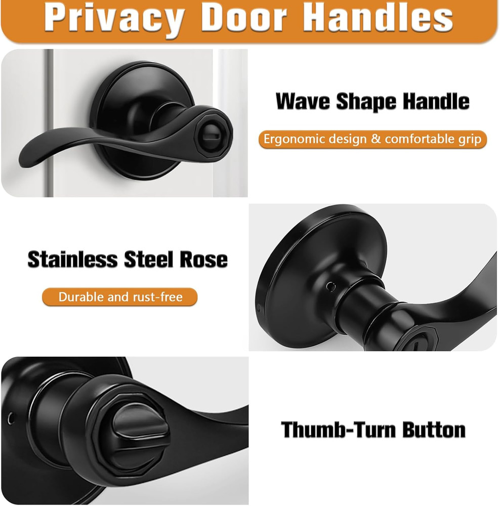 Wave Style Matte Black Privacy Door Knobs, Reversible Bed/Bath Door Levers, Inte