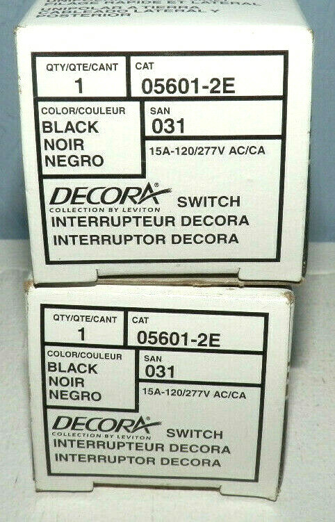 TWO LEVITON 05601-E BLACK SINGLE POLE DECORA SWITCHES NEW