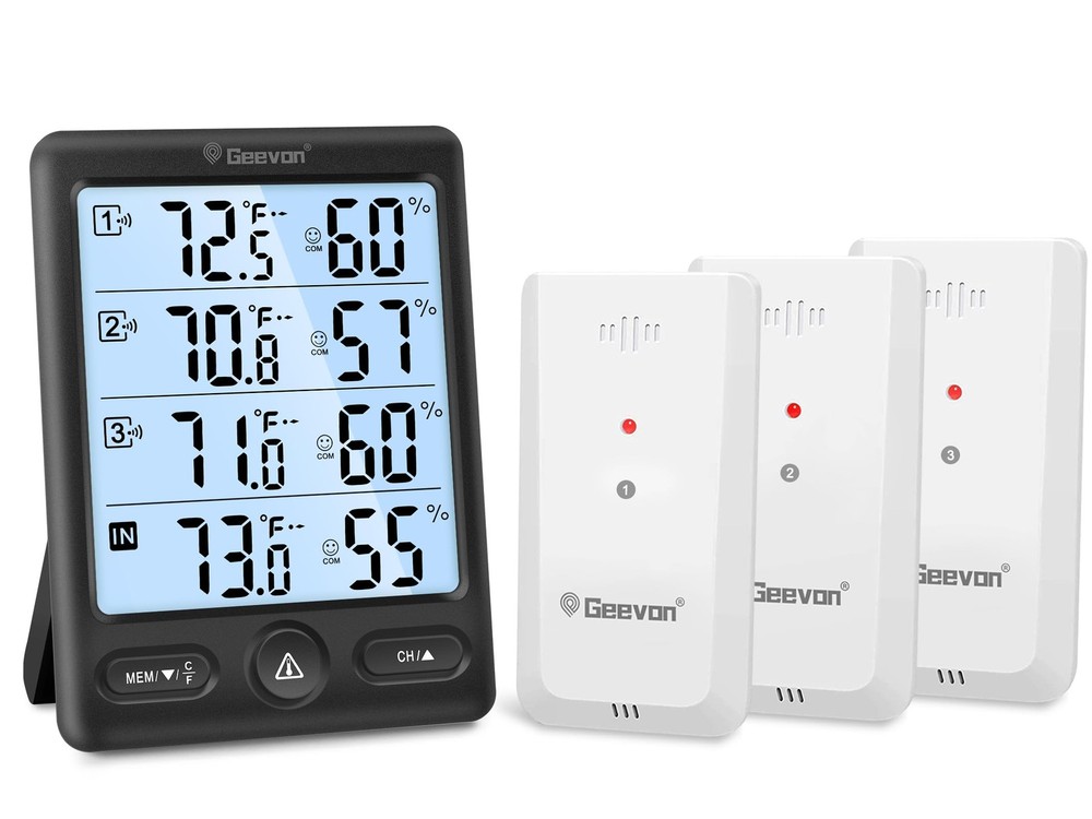 Geevon Indoor Outdoor Thermometer Wireless 3 Remote Black with Backlight