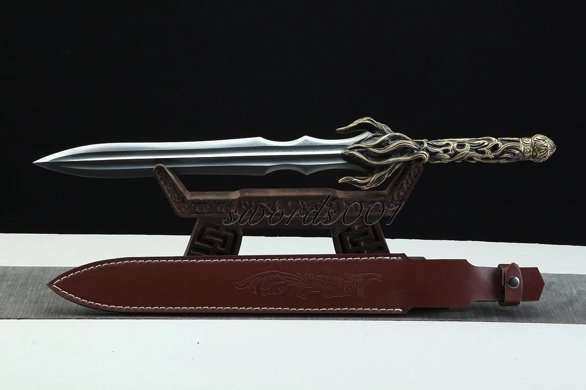 Handmade Exquisite Brass Handle Short Sword Damascus Steel Blade Leather Sheath