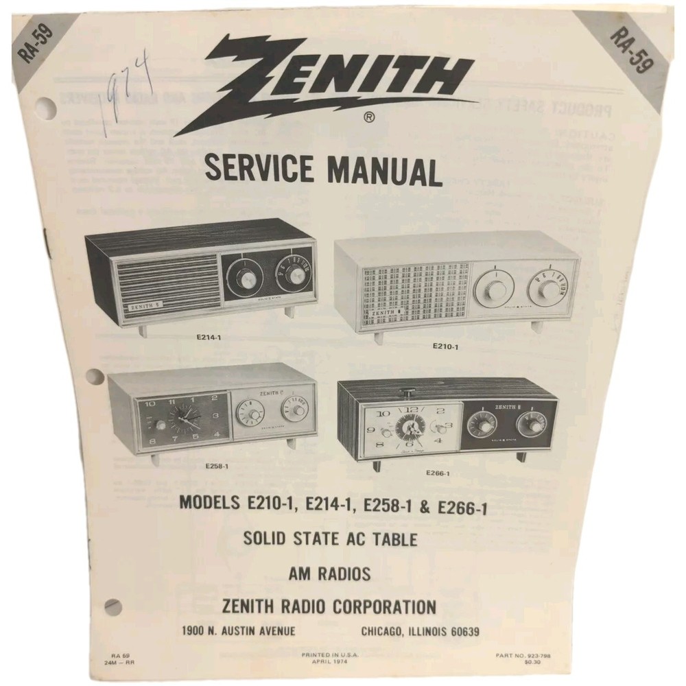 Zenith Service Manual RA-59 Am Radios Models E210-1,E214-1,E258-1 &E266-1
