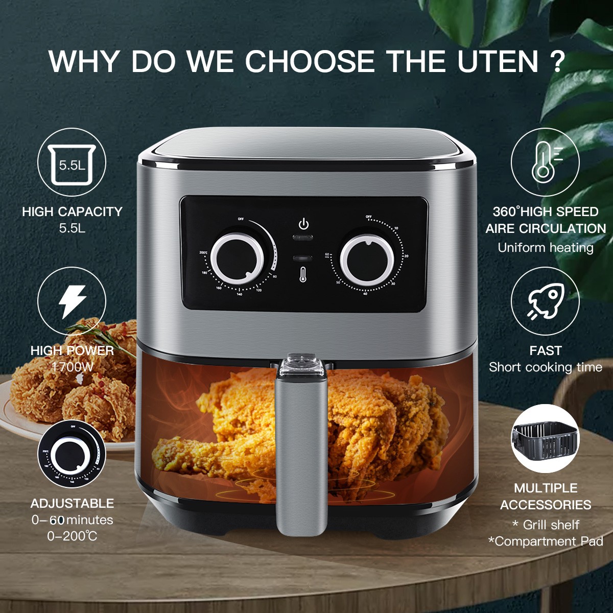 UTEN 5.5L/5 Qt Air Fryer 1700 Watt Hot Air Oilless Oven Baking Cooker Silver US