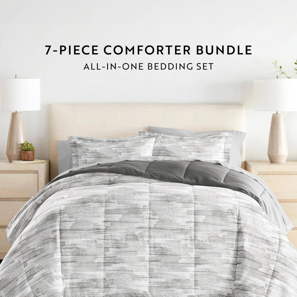 7-Piece Textured Stripe Gray Pattern Comforter Queen Microfiber Bedding Bundle