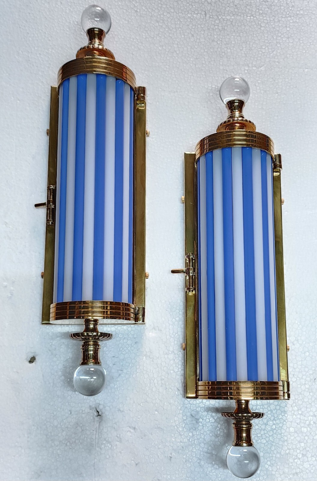 PAIR ANTIQUE VINTAGE ART DECO METRO LIGHT BRASS CASE BLUE ROD WALL SCONCES LAMP