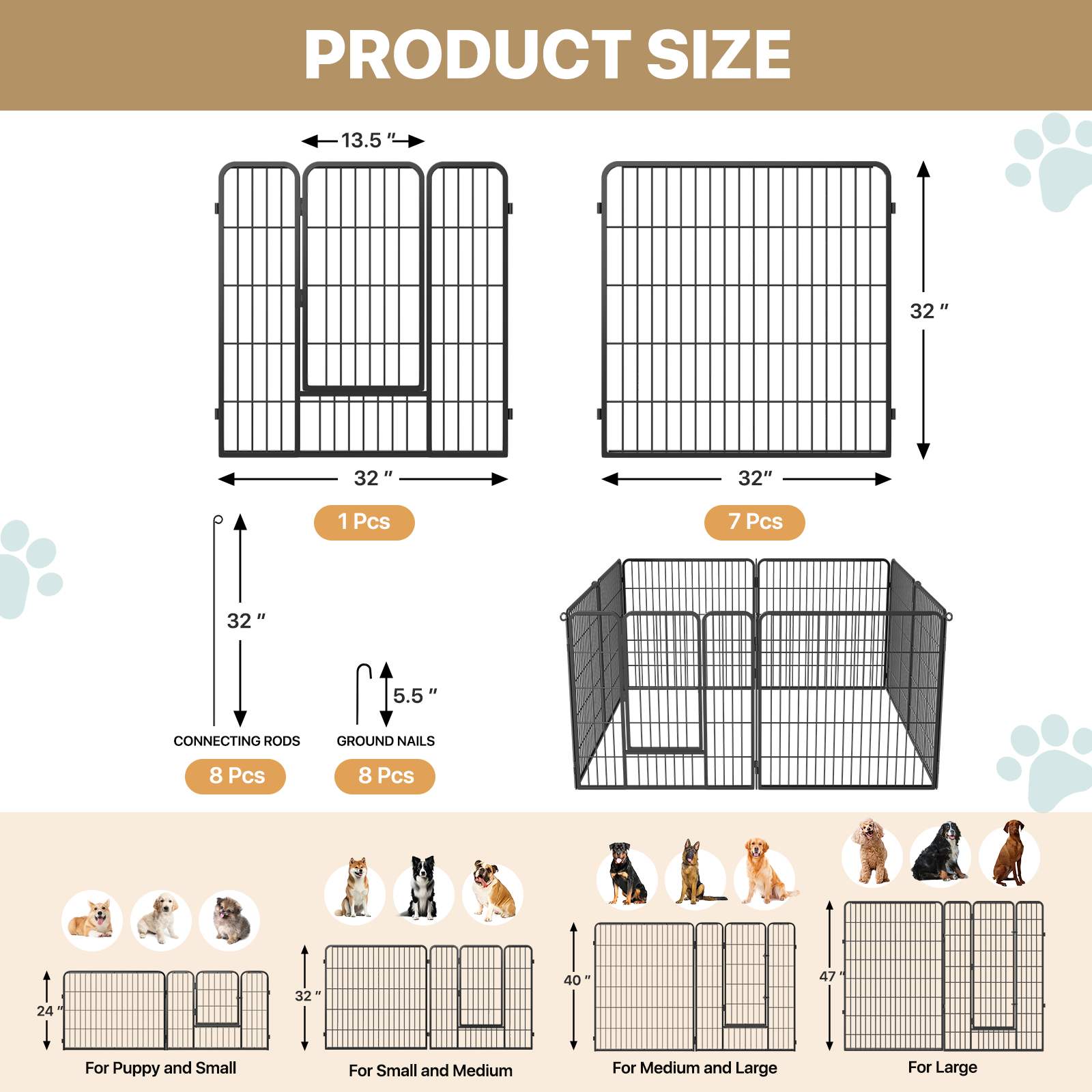 31 Inch Folding Dog Playpen Metal Heavy Duty Pet Dog Exercise Pen 8Panel w/Doors