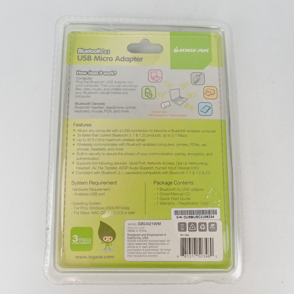 IOGear Bluetooth 2.1 USB Micro Adapter GBU421 – 30 ft Range – New