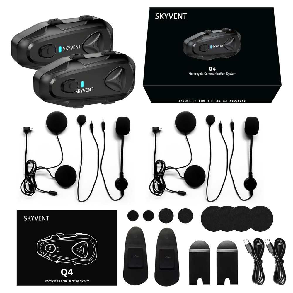 SKYVENT Q4 Motorcycle Bluetooth Communication System Headset One Size, Black