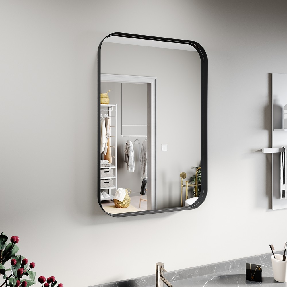 36" x 24" Bathroom Wall Mirror Rounded Corner Rectangle Vanity Mirror Black