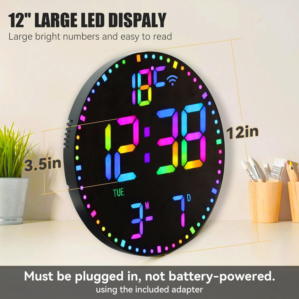 Kasbin 12” Digital Wall Clock with App Control, Large LED, WiFi Sync, Date