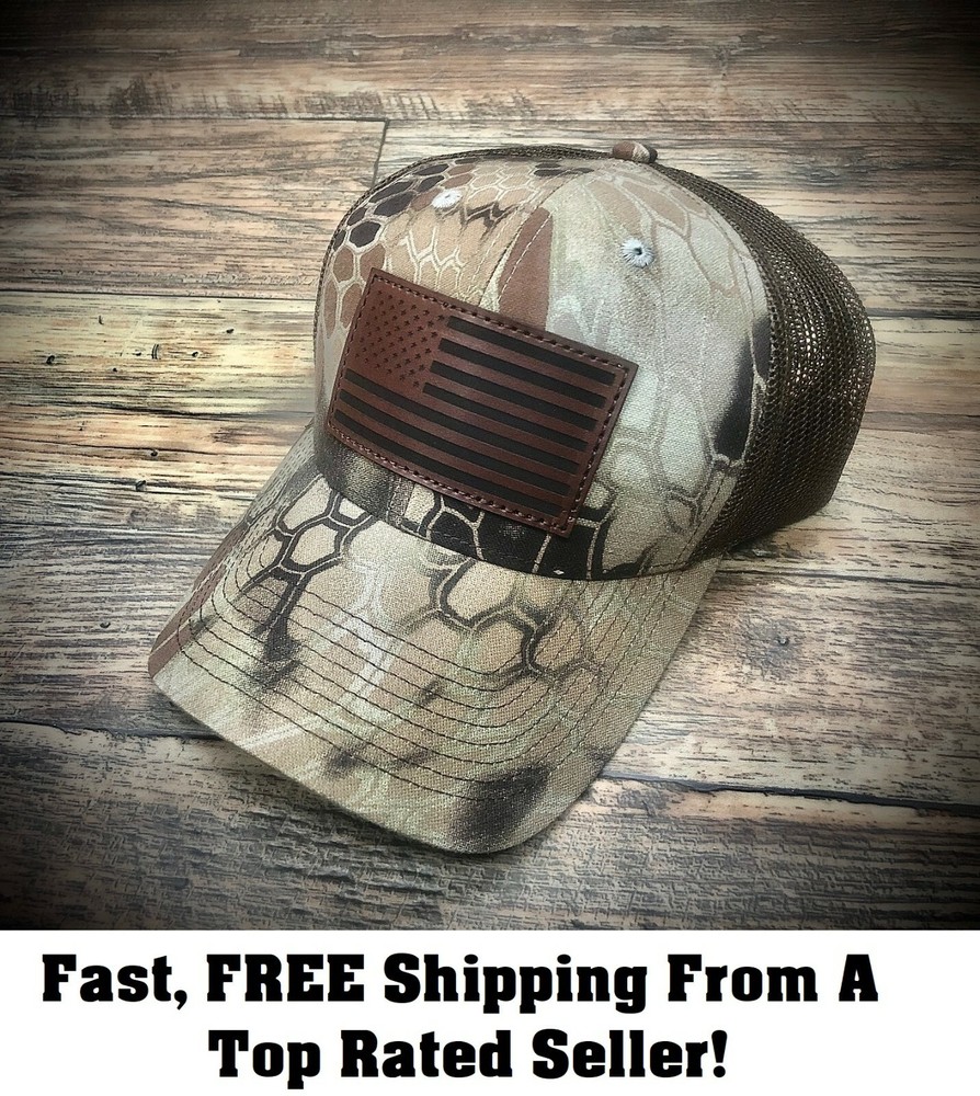 Kryptek Highlander Camo Meshback Snapback Hat/Cap w/ Leather American Flag Patch