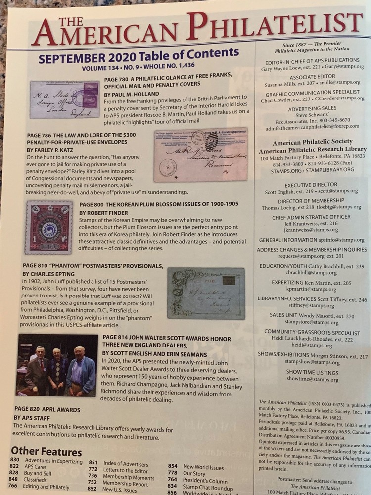 American Philatelist Magazine 2020, September