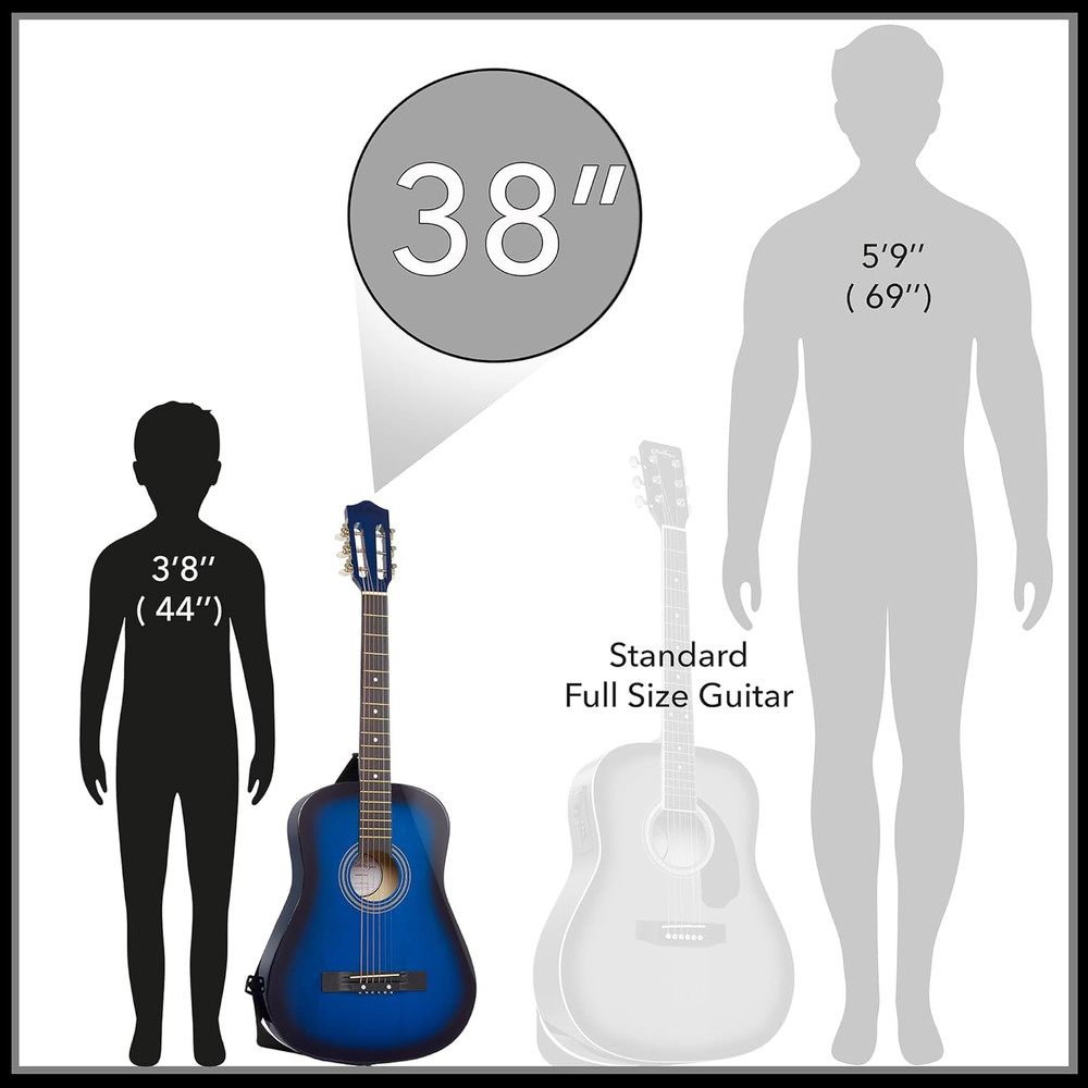 38-Inch Beginner Acoustic Guitar Package (Blue), Basic Starter Kit W/Gig Bag, St