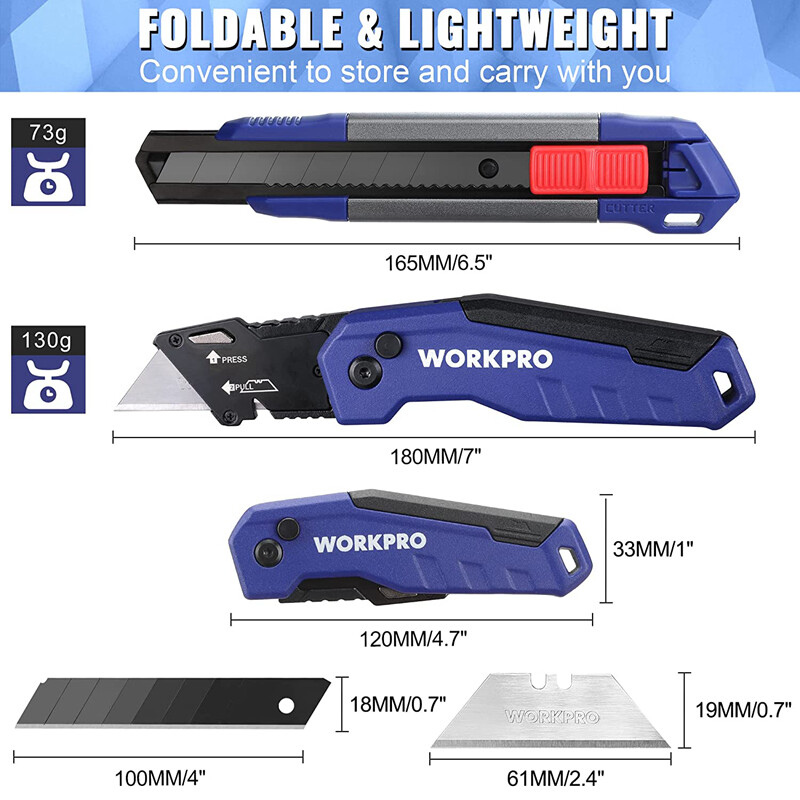 WORKPRO Retractable Utility Knife Folding Box Cutter Quick Razor Knife SK5 Blade