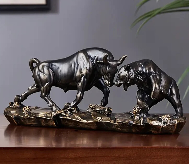 NEW Dark Bronze Style Bull & Bear Fight. Resin Figurine Sculpture 5hx11wx3d