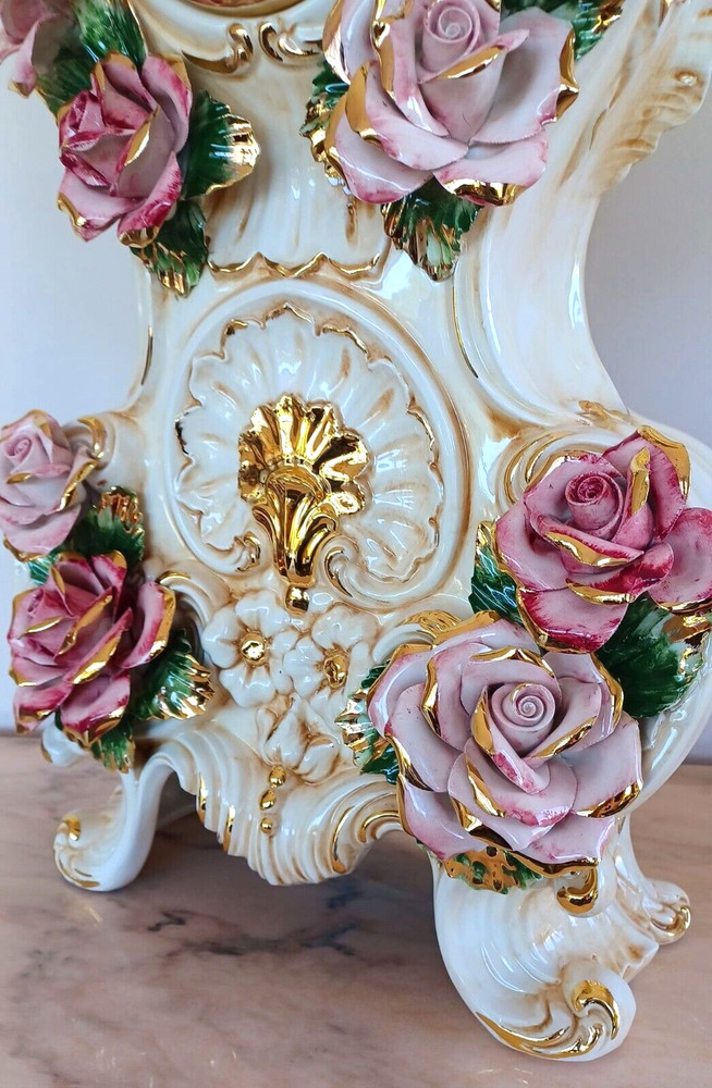 Capodimonte White Gold Rose Ceramic Table Clock Analog 84 Cm
