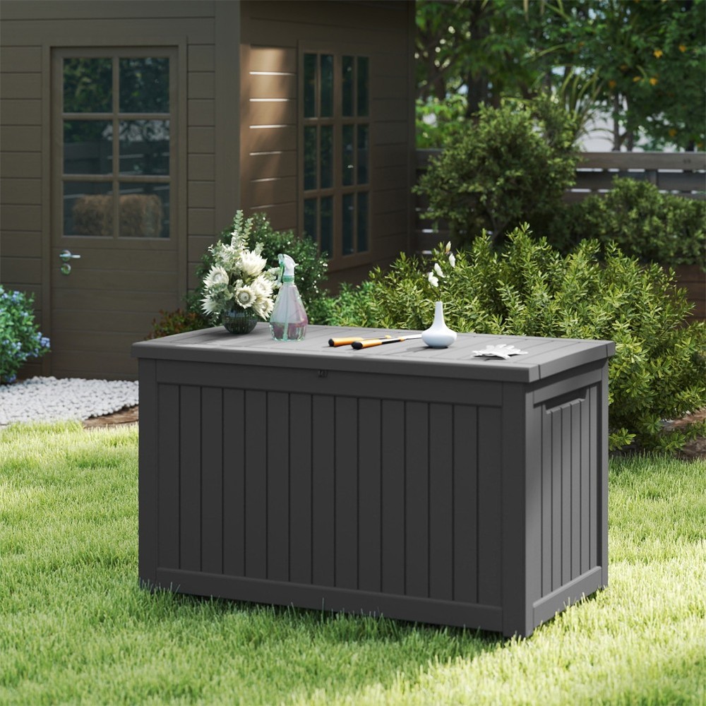230 Gallon Large Resin Deck Box Extra Bench Seating Easy Assembly Lockable BLACK
