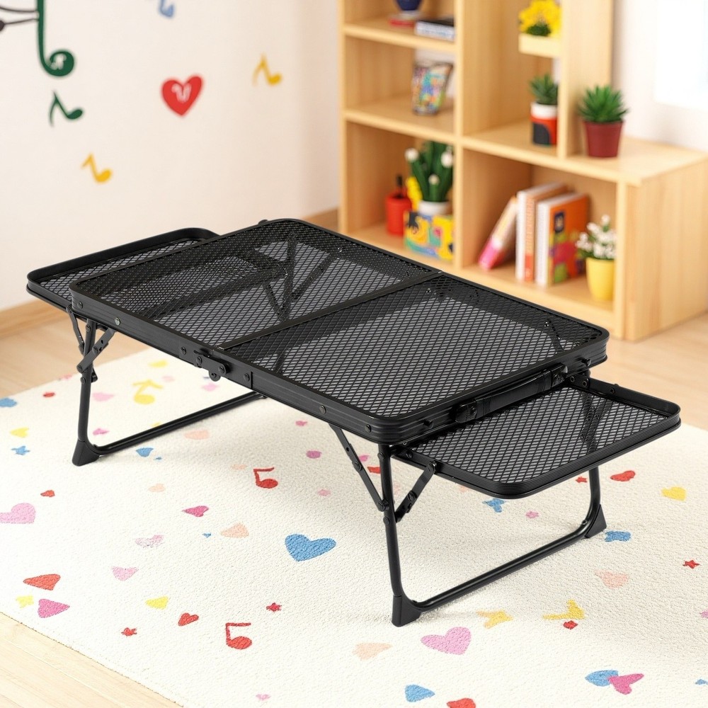 3ft Folding Camping Wire Mesh Table - Side Wings Adjustable Aluminum Frame Black