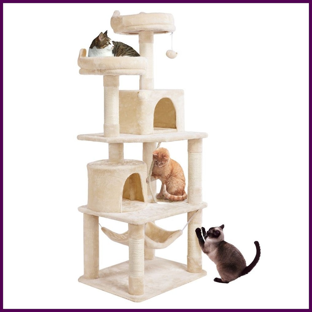 62.5" Multi-Level Cat Tree Tower w/ 2 Condos, Hammock & Scratching Posts Beige