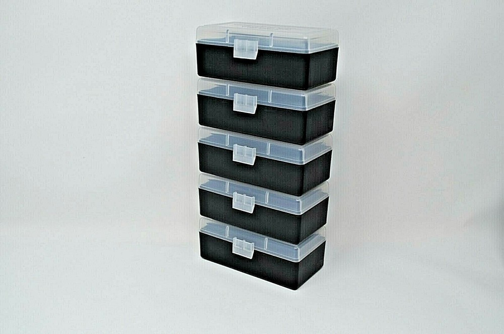 BERRY'S PLASTIC AMMO BOXES (5) CLEAR/BLACK 50 ROUND (357/38SPL)