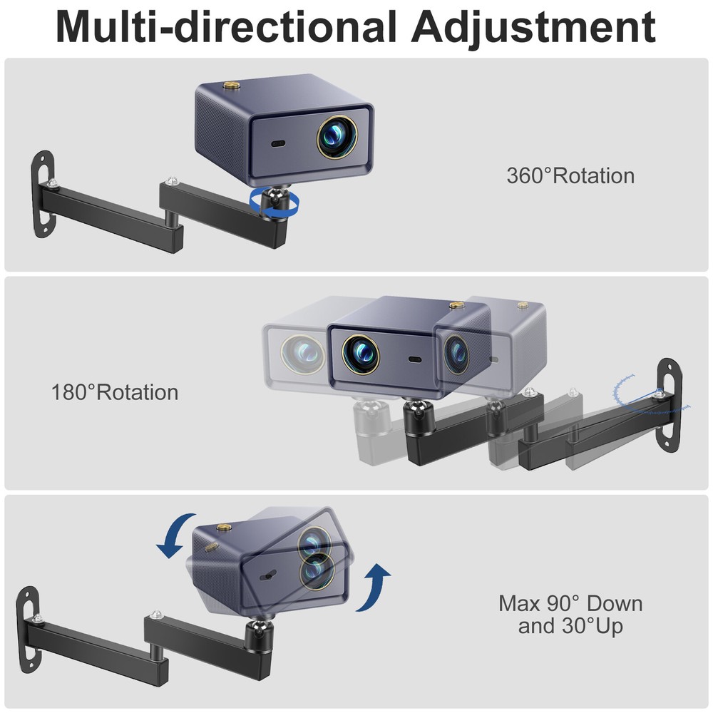 Foldable Projector Wall Ceiling Mount Bracket 360° Rotating 1/4" Screw Aluminum