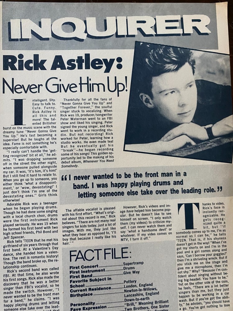Rick Astley, Full Page Vintage Clipping