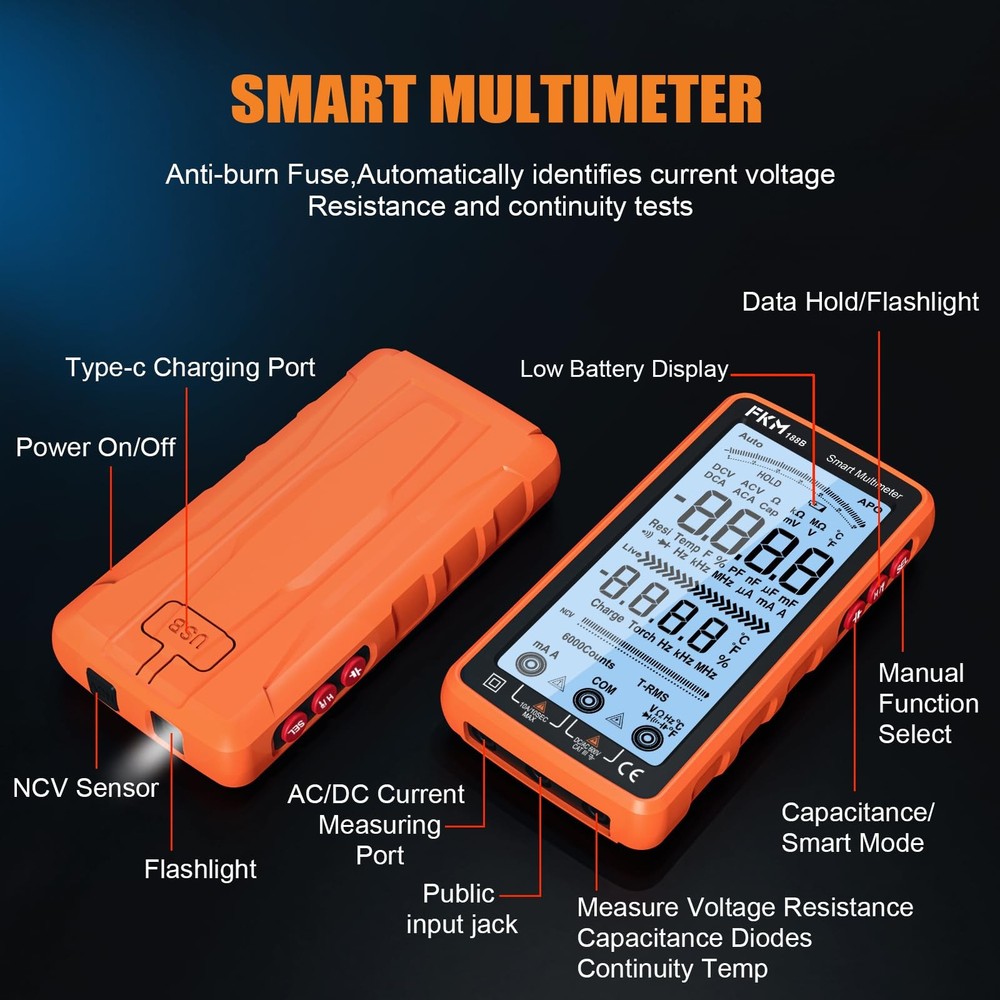 Digital Multimeter Tester Auto-Ranging TRMS 6000 Counts Smart Rechargeable Volt