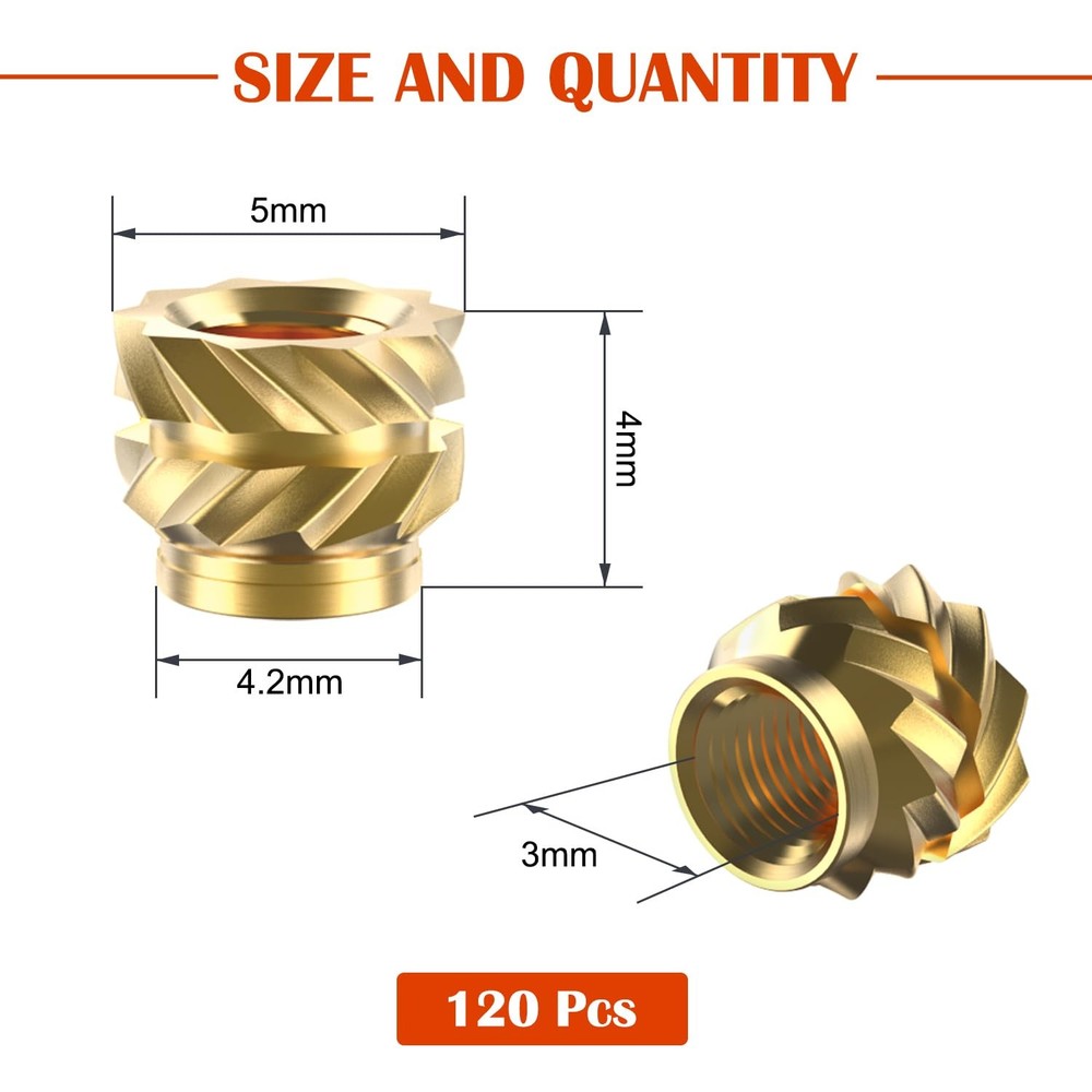 120Pcs M3 Threaded Inserts, Metric knurled Nuts Brass Heat Set Insert gold