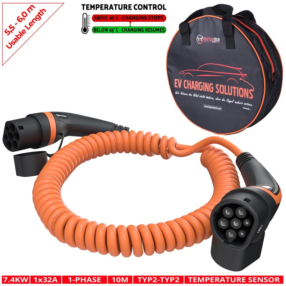 EV Charging Cable Spiral / 10M / 7.4kW / 1x32A / Type 2 / With Charging Temperature Control