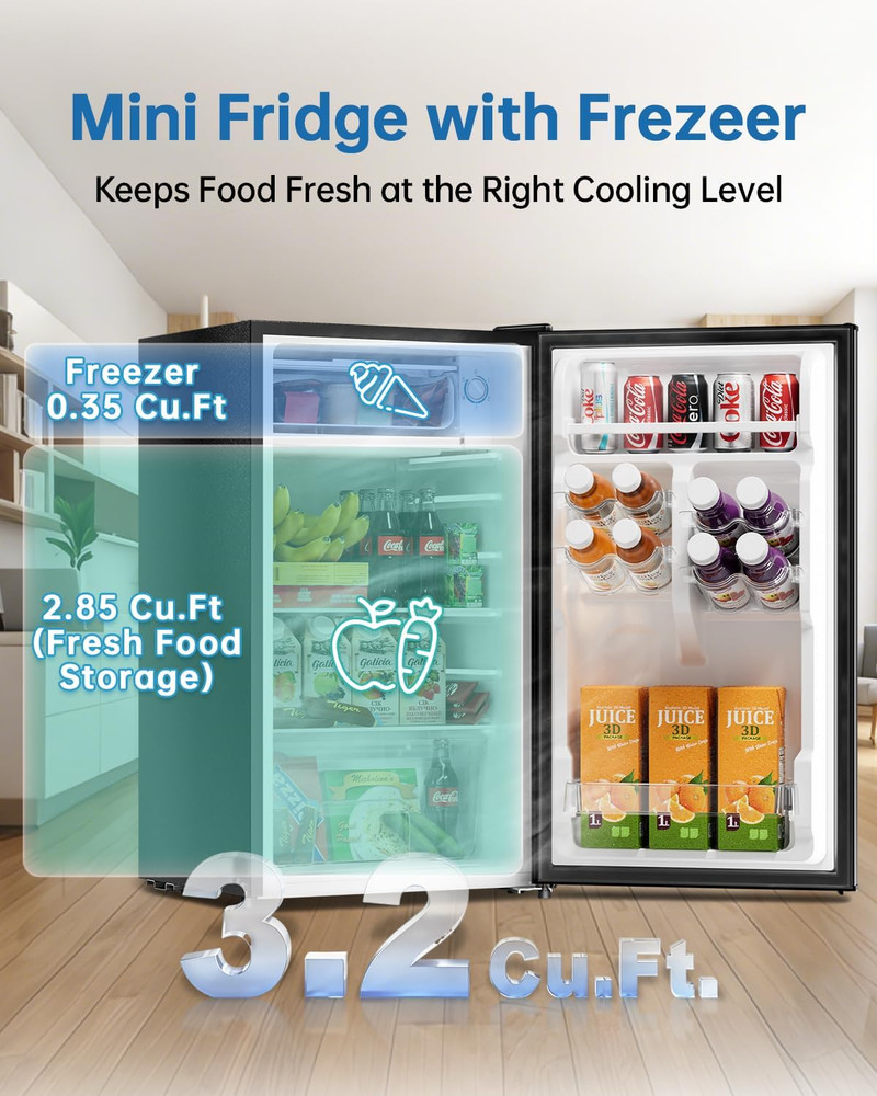 3.2 Cu Ft Mini Fridge with Freezer - Energy Efficient, Large Capacity Single Doo
