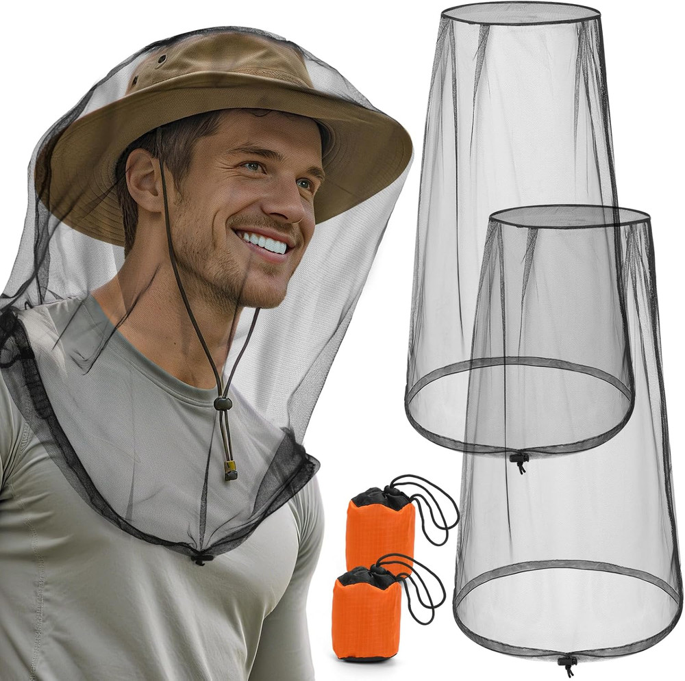 2Pc Mosquito Head Net Drawstring Bug Face Net Large Breathable Outdoor Hood