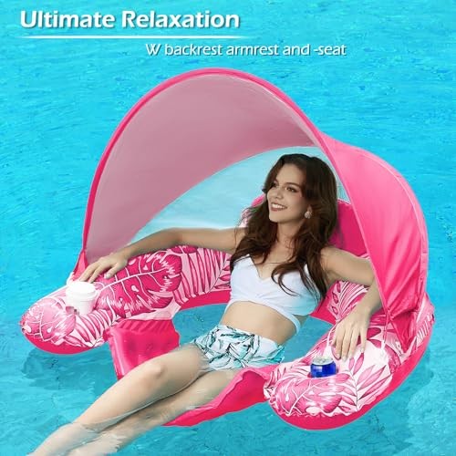 Pool Float with Canopy - Inflatable Pool Floaties Adult Floating Large Rose