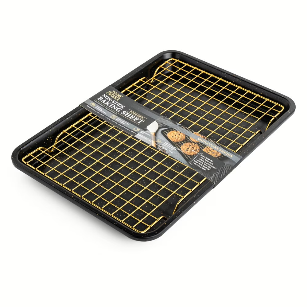 Thyme & Table Non-Stick Rectangle Baking Sheet with Gold Cooling Rack - Black