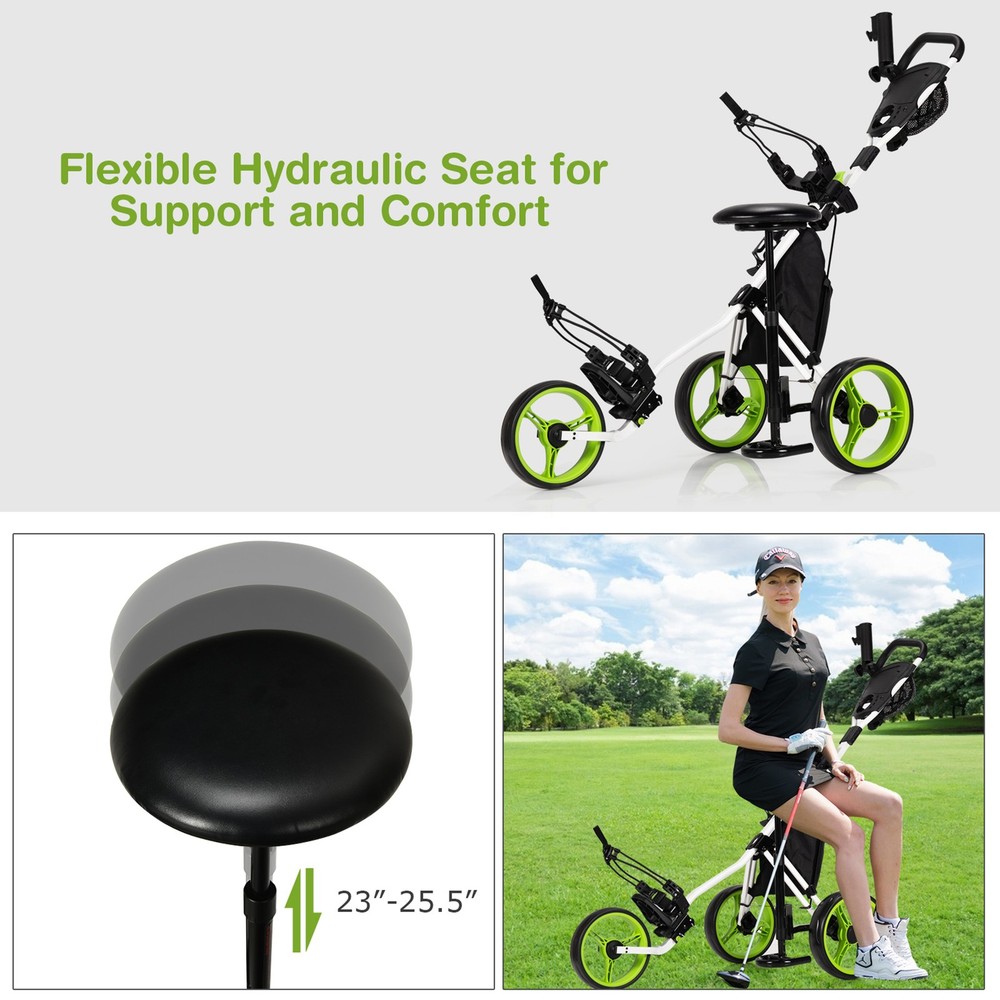 3-Wheel Foldable Golf Push Pull Cart Trolley w/ Seat Adjustable Handle Green