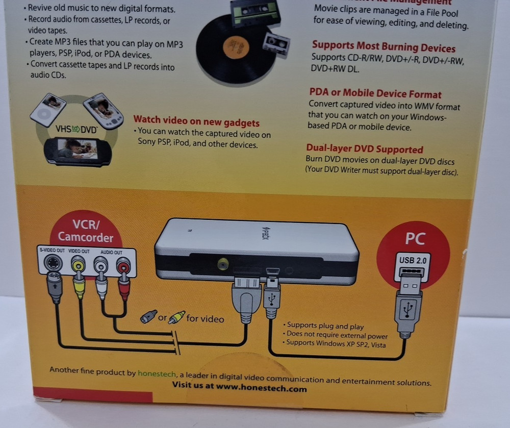 New Sealed Honestech VHS To DVD Plus Video Capture Device & Software Kit PC USB
