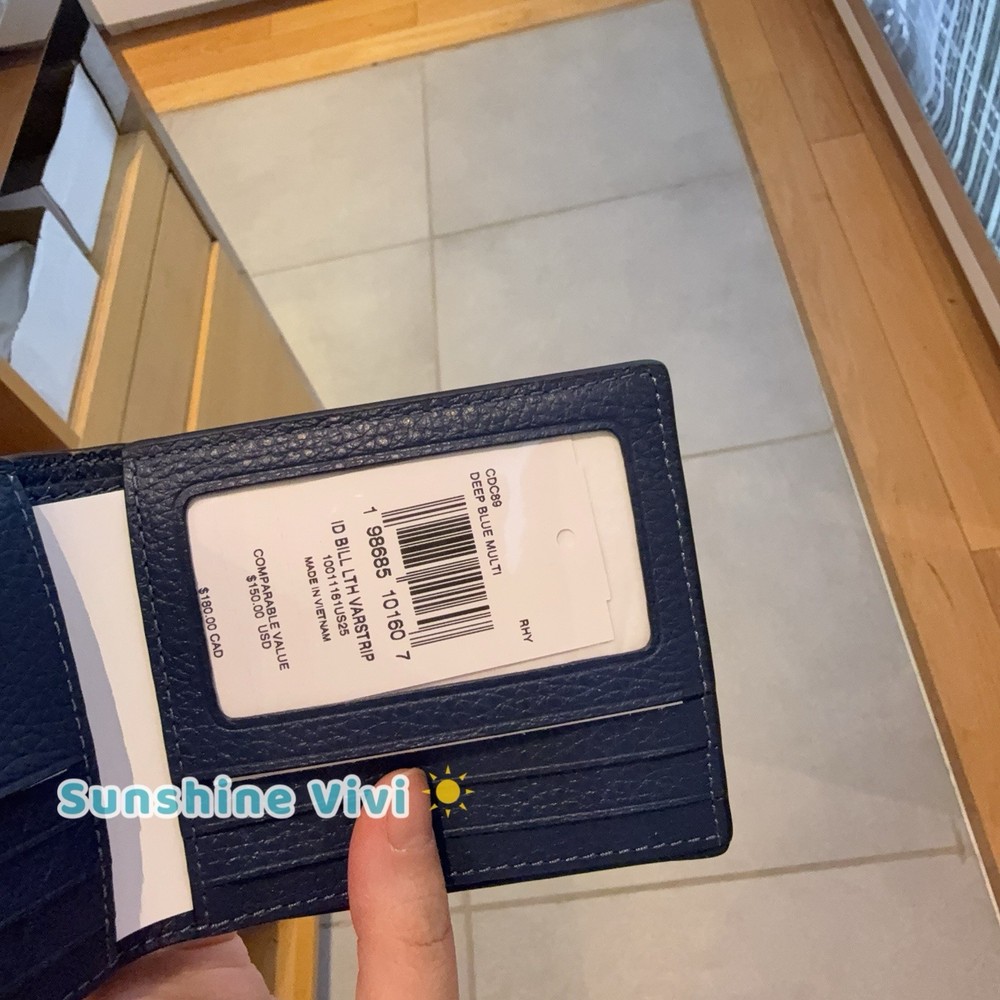 NWT Coach Id Billfold Wallet With Varsity Stripe Deep Blue Multi CDC89
