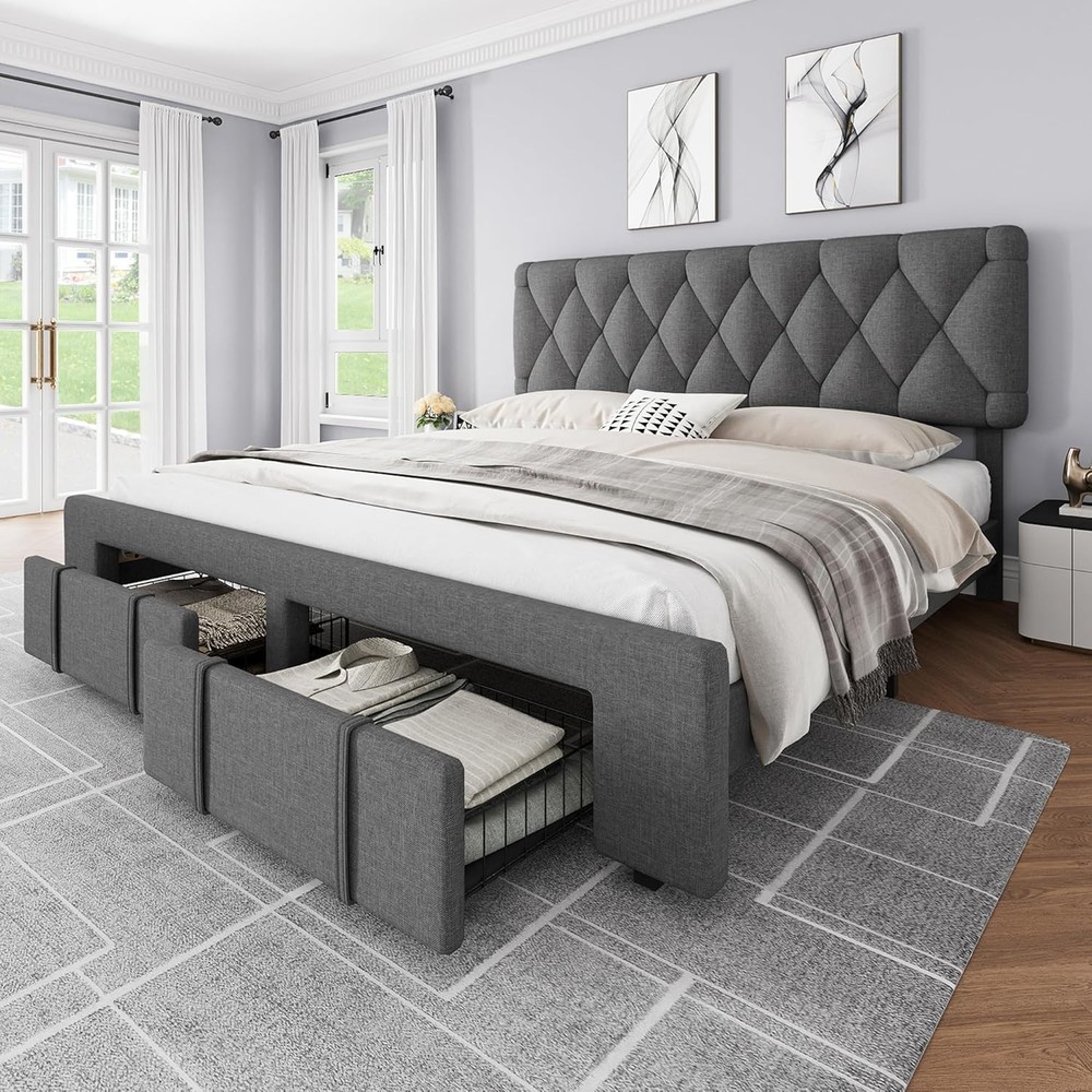 🔵Modern Upholstered Queen Size Bed Frame with Button Tufted Headboard Drawers