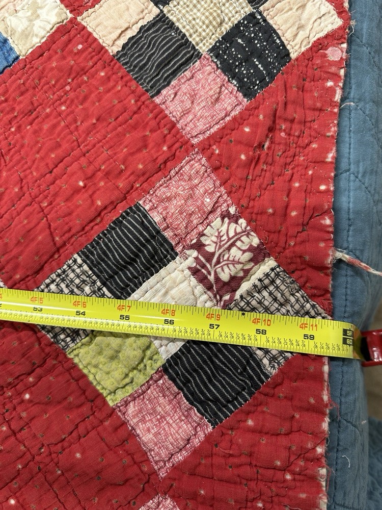 Vtg Nine Patch on Point Quilt Hand Sewn Red Feedsack Patchwork Distressed *Read