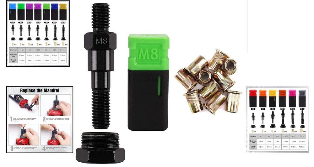 M8 Mandrel and 10 Rivet Nuts - Precision Tool Set for Easy Replacement