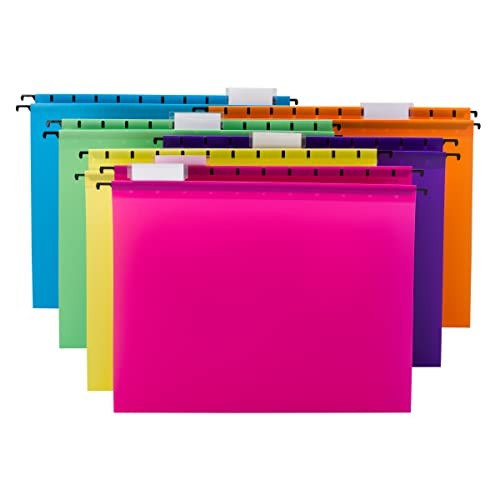 Poly Plastic Hanging File Folders for Documents with Tabs, Bright Colors