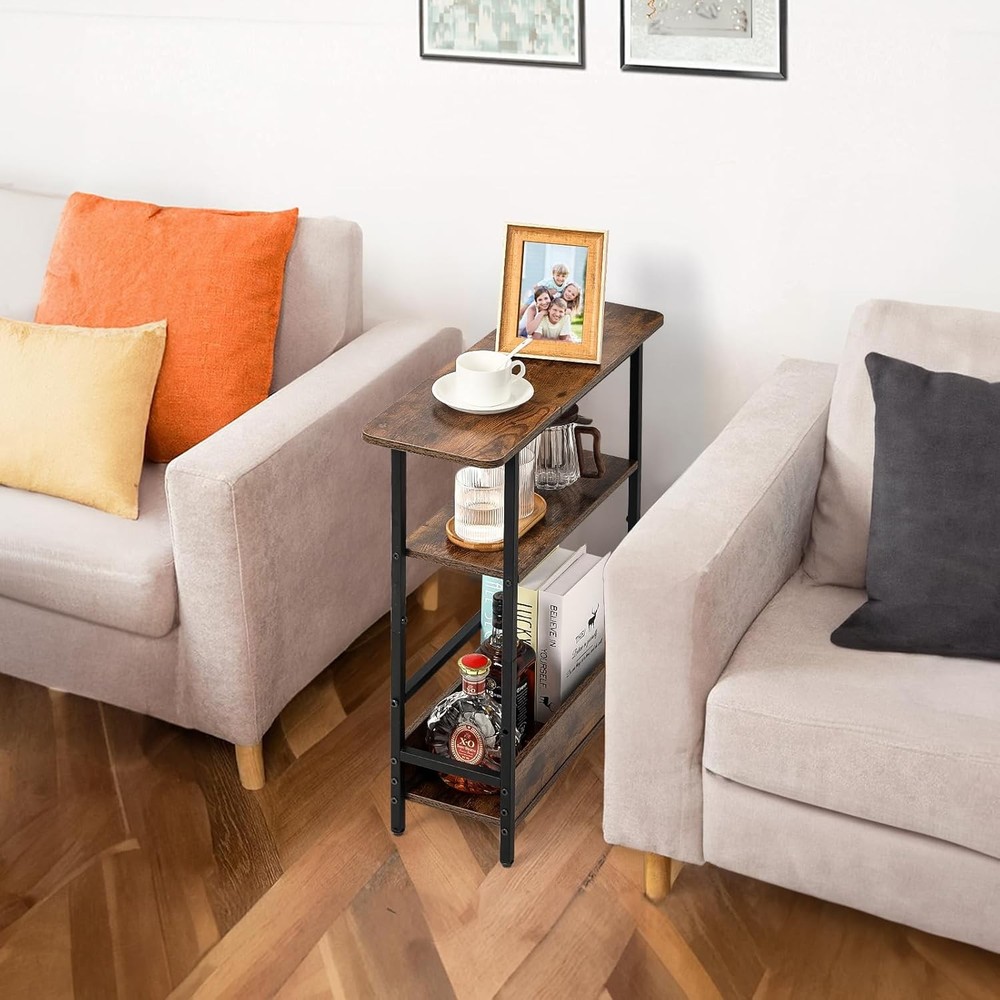 Narrow Side Table Small Spaces 3-Tier Small End Table W/ Storage Shelf &