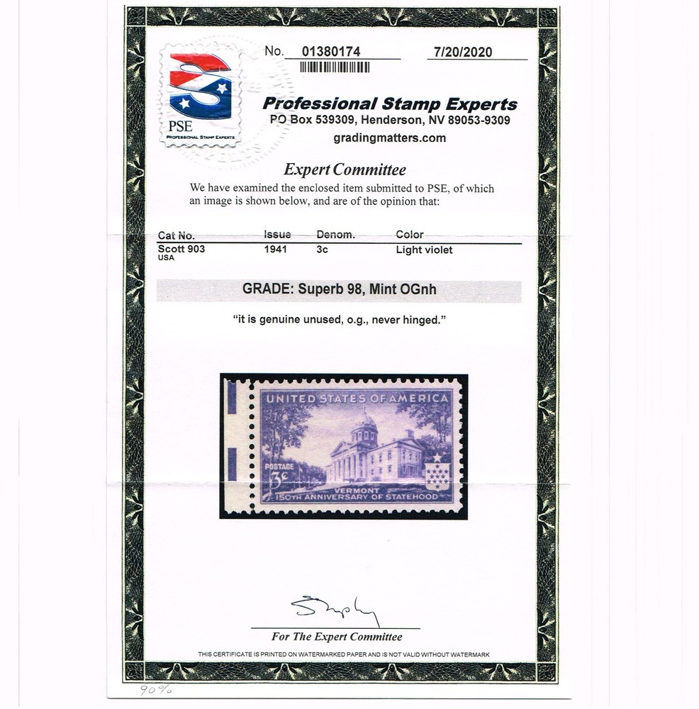 EXCEPTIONAL GENUINE SCOTT #903 MINT PRISTINE OG NH PSE CERT GRADED SUPERB 98